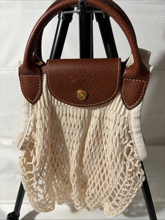 Longchamp Handbags - Longchamp Cream Knit Net Tote with Brown Leather Trim